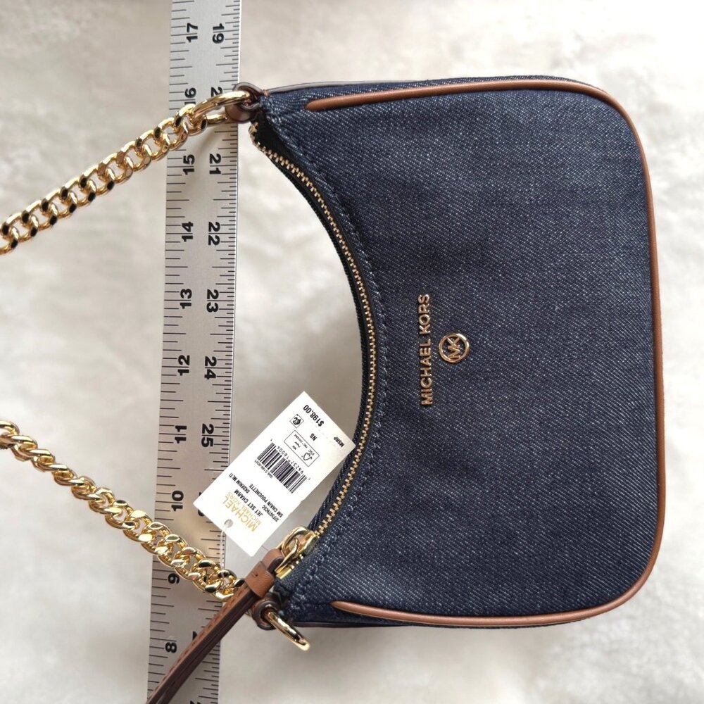 NWT‎ Michael Kors $198 Jet Set Charm Small Denim Pochette handbag gold chain - Picture 7 of 11